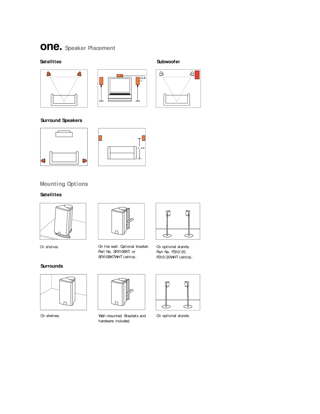 JBL SCS110 setup guide One. Speaker Placement, Mounting Options, Satellites Surround Speakers, Surrounds 