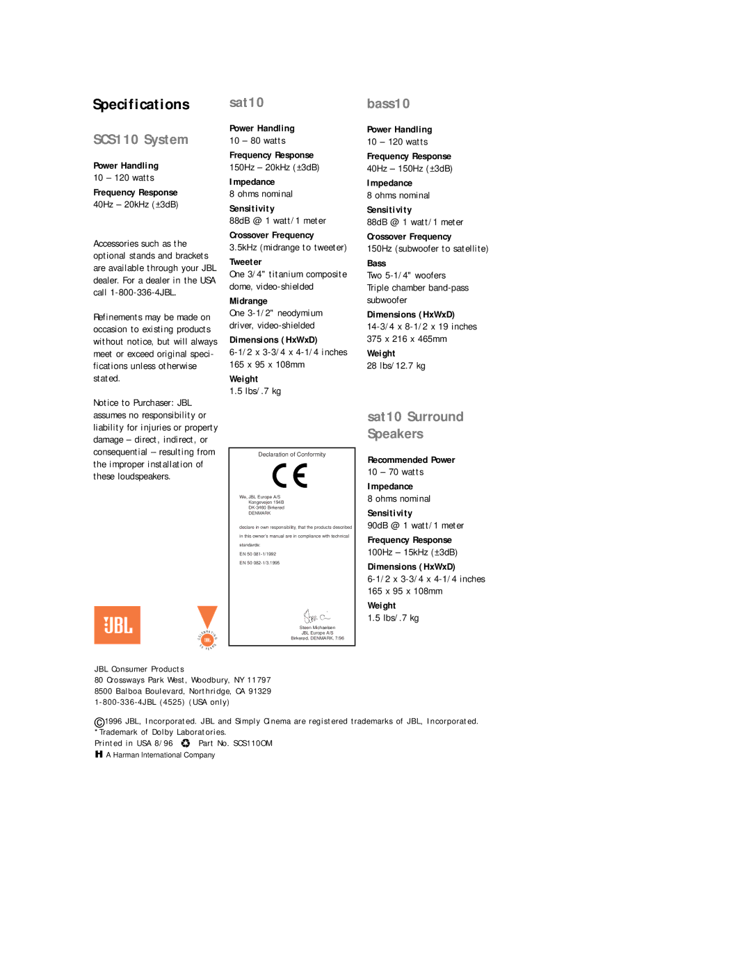 JBL setup guide Sat10, SCS110 System 