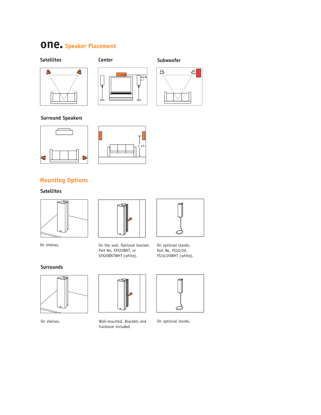 JBL SCS120 setup guide One. Speaker Placement, Mounting Options, Satellites Center Surround Speakers, Surrounds 