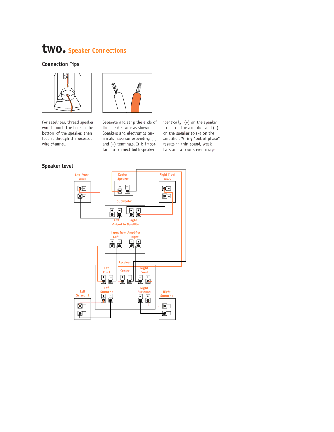 JBL SCS120 setup guide Two. Speaker Connections, Connection Tips, Speaker level 