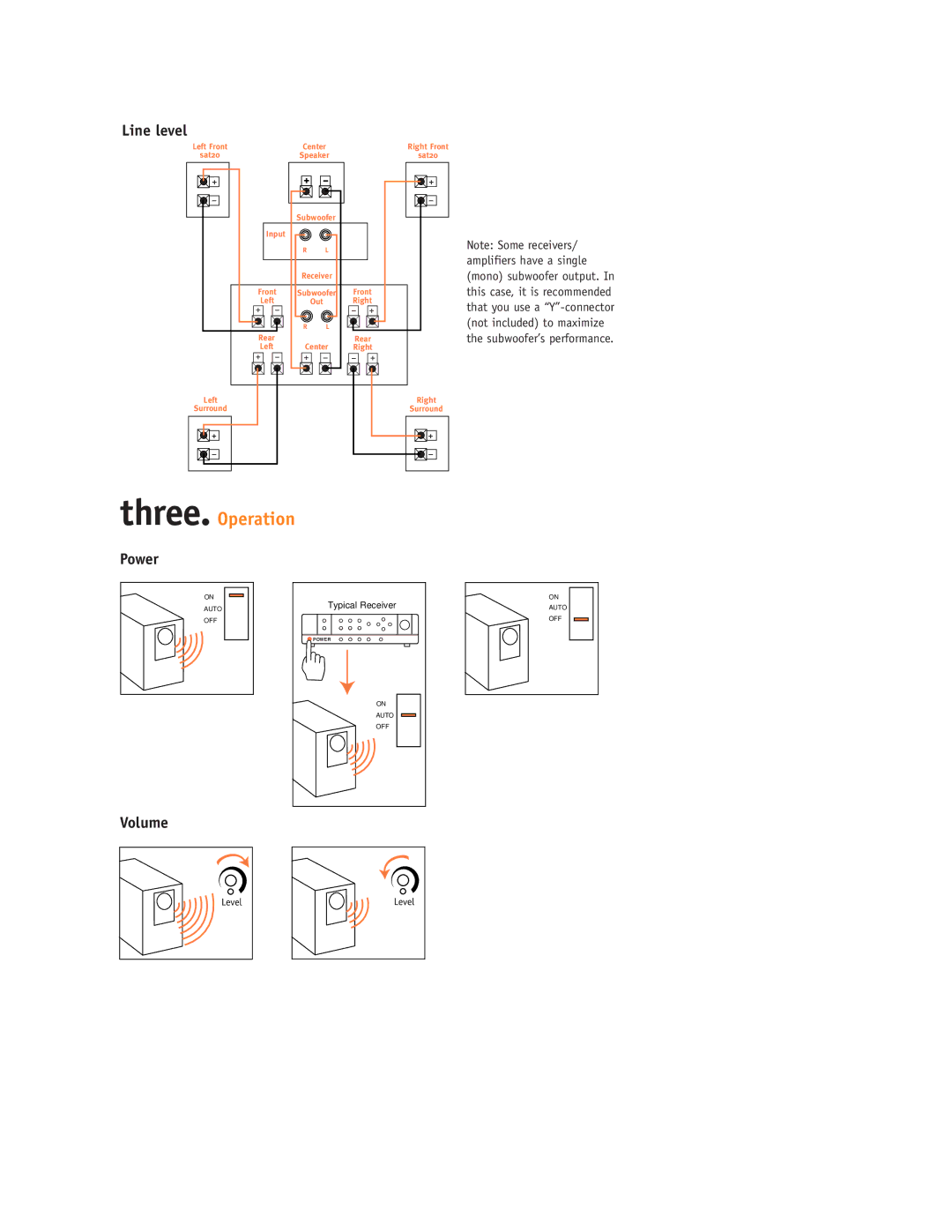 JBL SCS120 setup guide Three. Operation, Line level, Power, Volume 