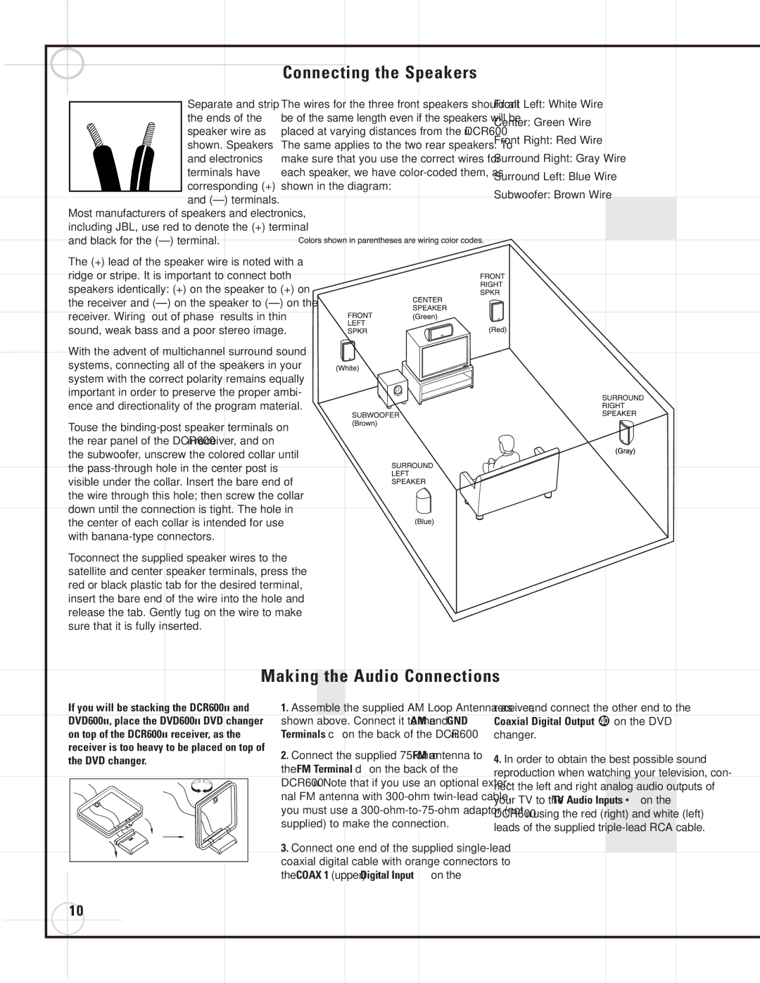 JBL DVD600II, SCS135P, DCR600II manual Connecting the Speakers, Audio Connections 