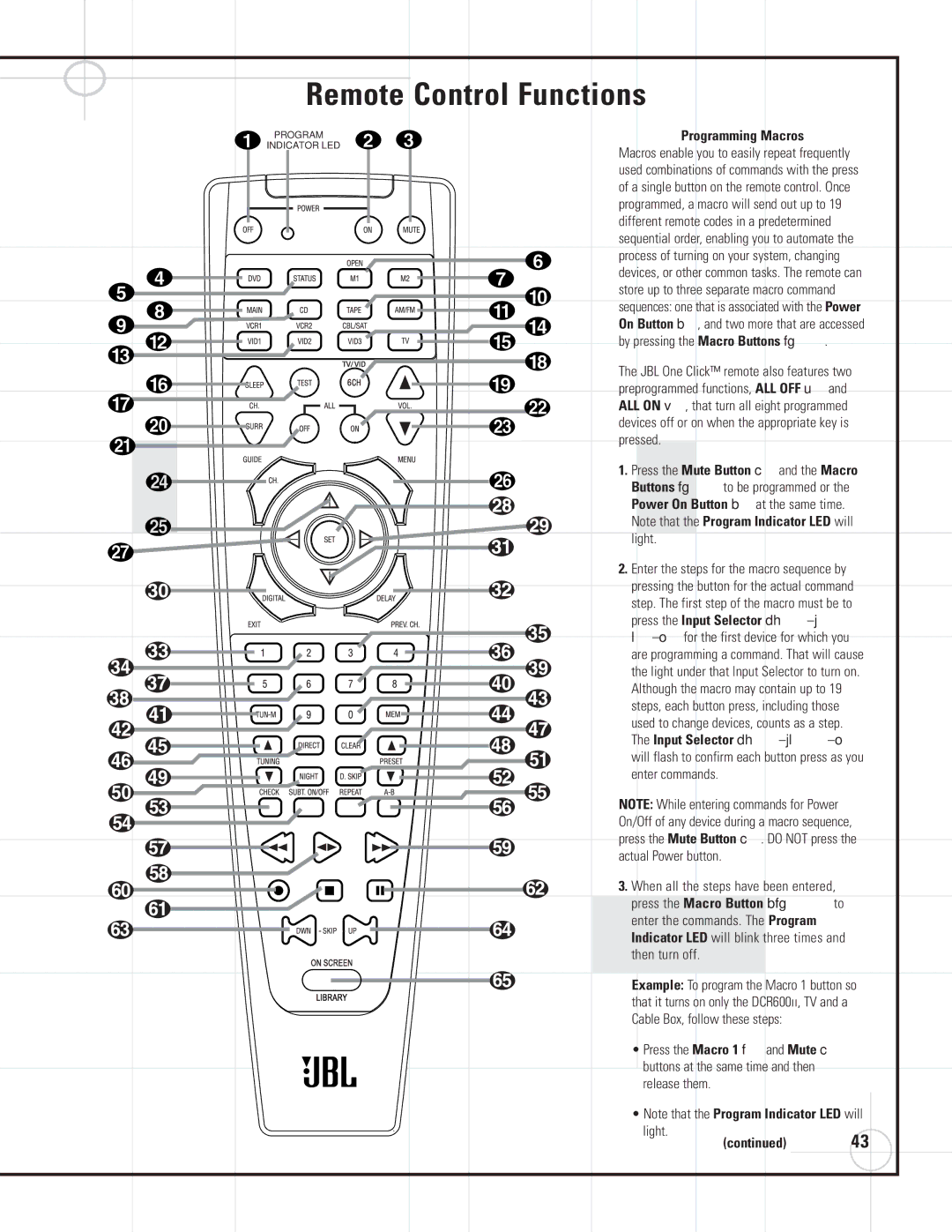 JBL DVD600II Programming Macros, Press the Input Selector dh j, Input Selector dh jl o, Press the Macro Button bfg to 