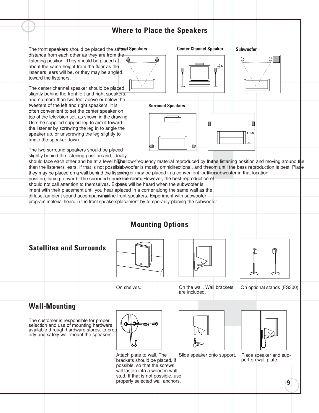 JBL SCS135P Where to Place the Speakers, Mounting Options Satellites and Surrounds, Wall-Mounting, Center Channel Speaker 