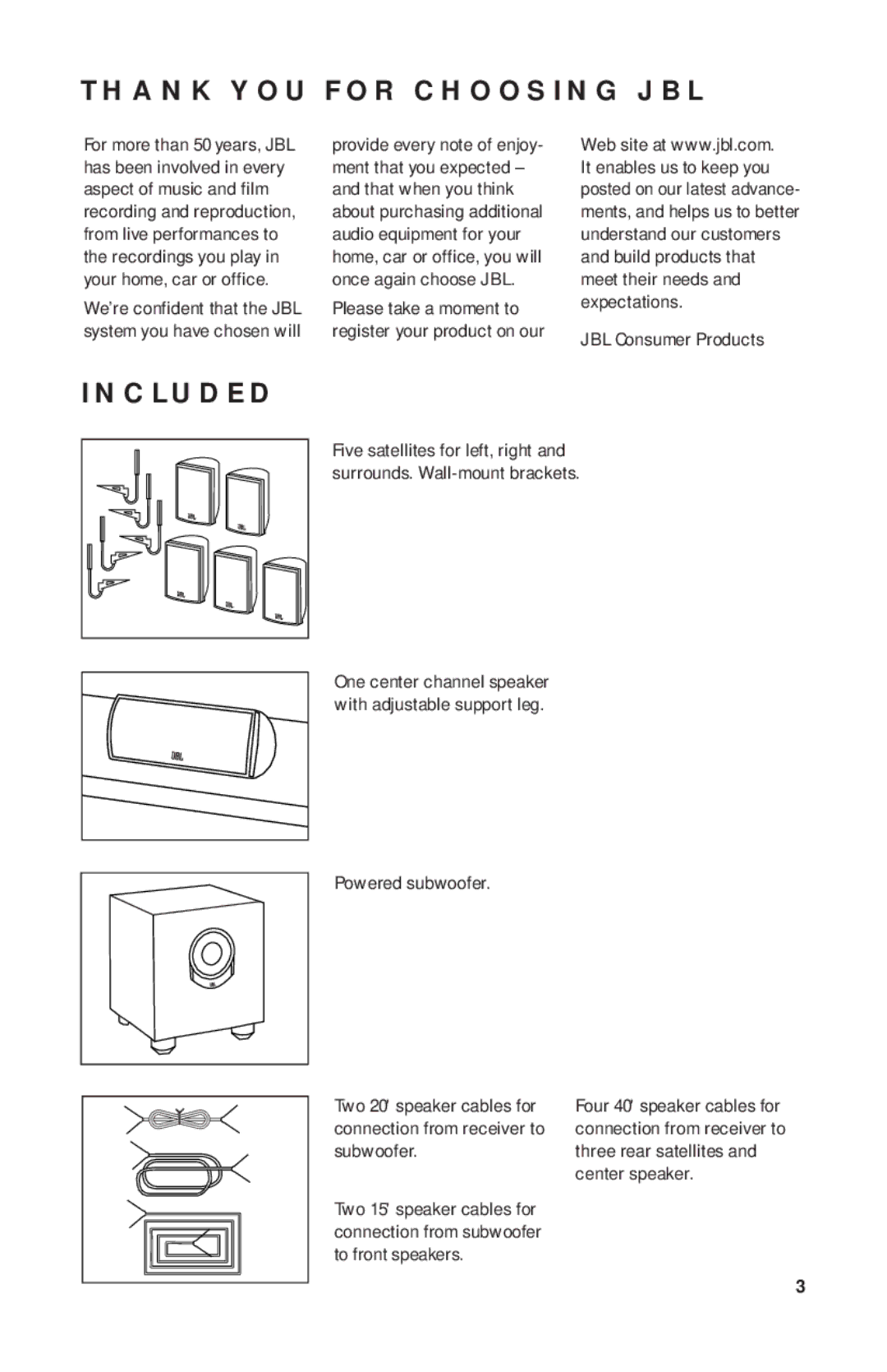 JBL SCS136 manual Thank YOU for Choosing JBL, Included, JBL Consumer Products 