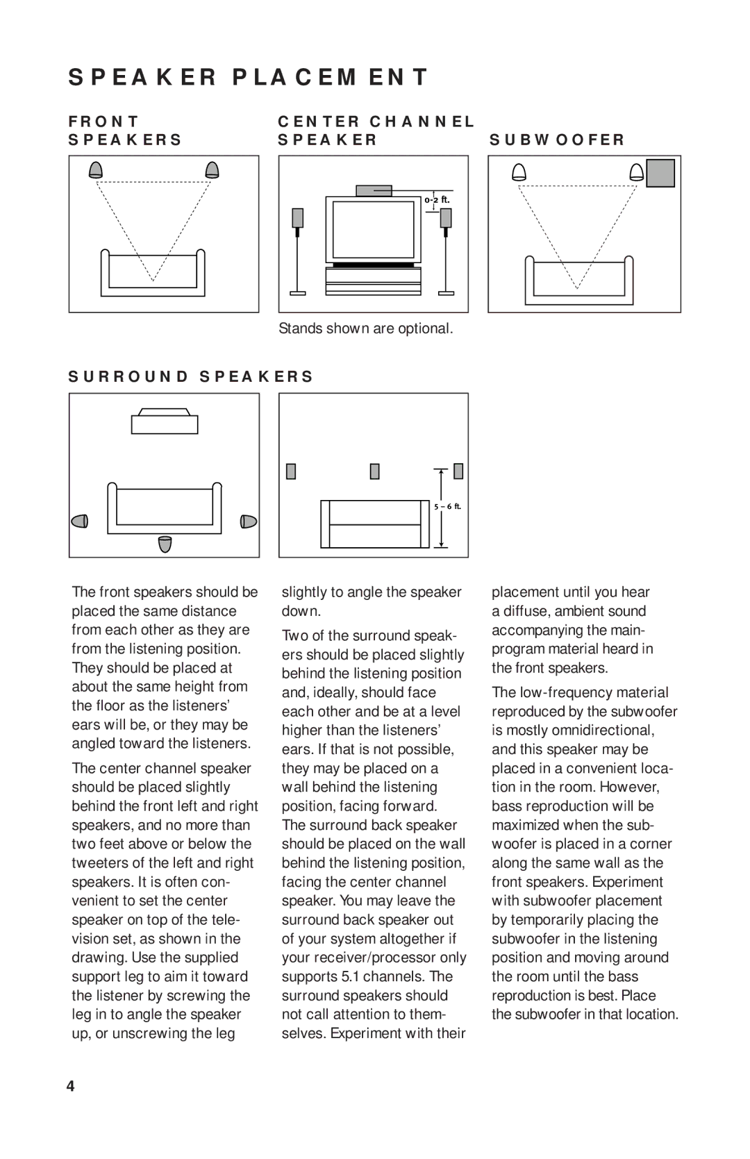 JBL SCS136 manual Speaker Placement, Front Center Channel Speakers, Subwoofer, Surround Speakers 