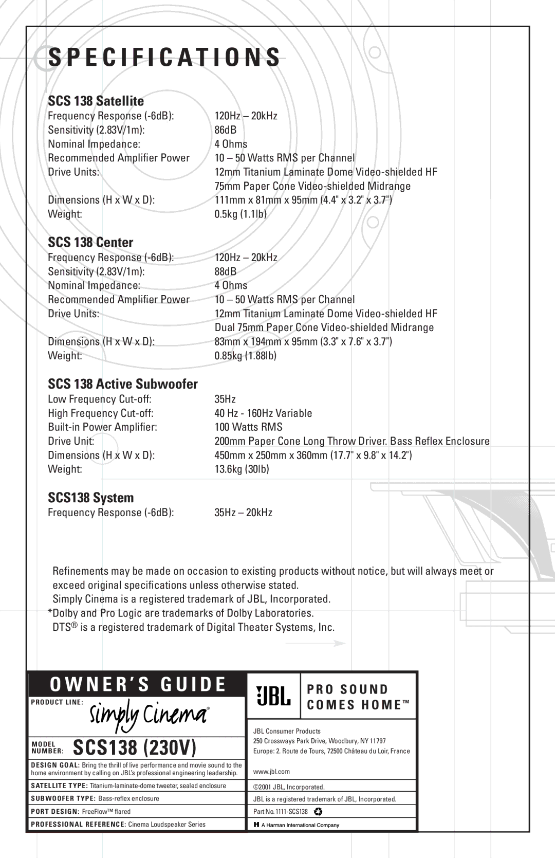 JBL manual Specification S, SCS 138 Satellite, SCS 138 Center, SCS 138 Active Subwoofer, SCS138 System 