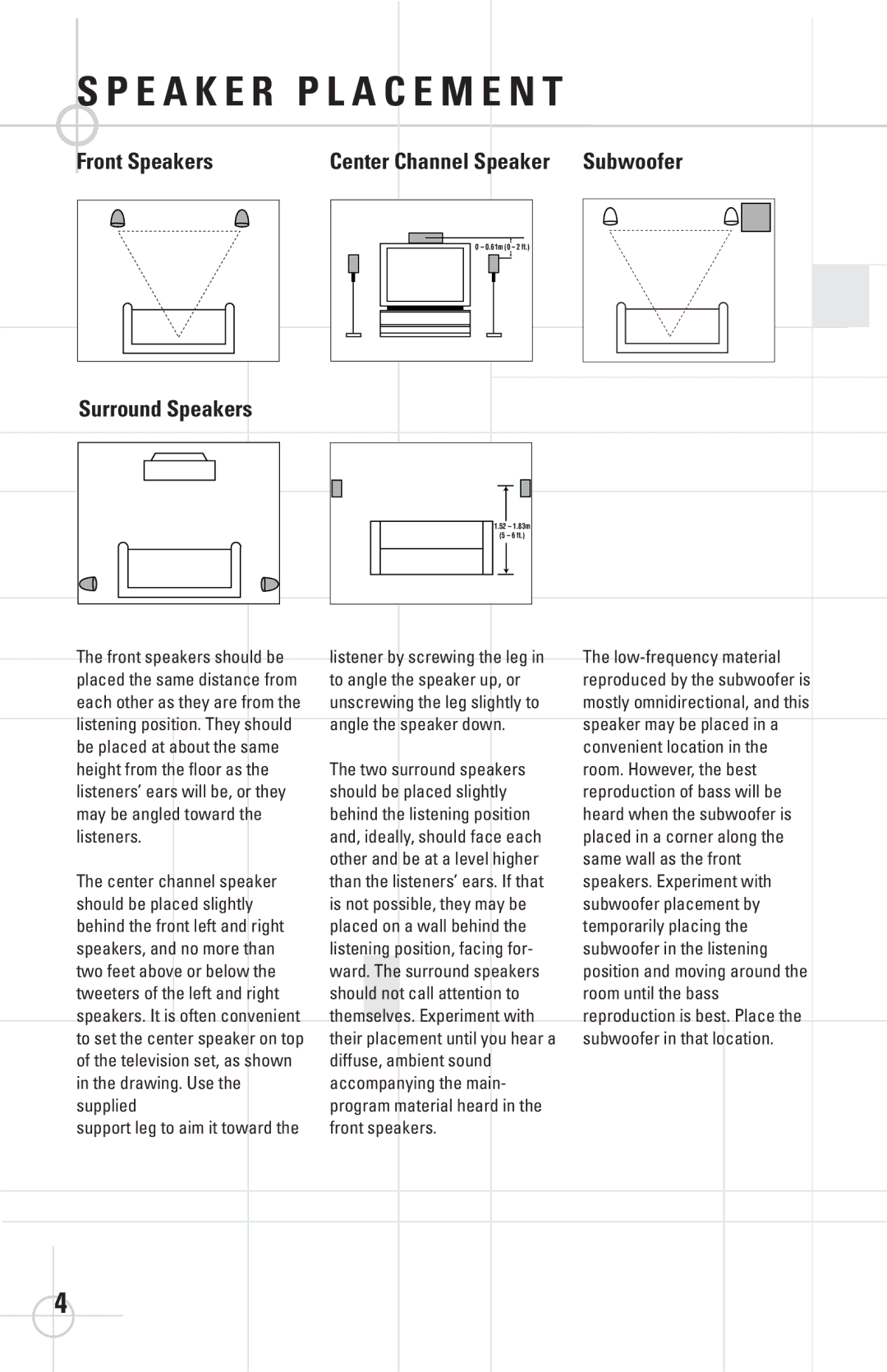 JBL SCS138 manual Front Speakers, Surround Speakers, Support leg to aim it toward 