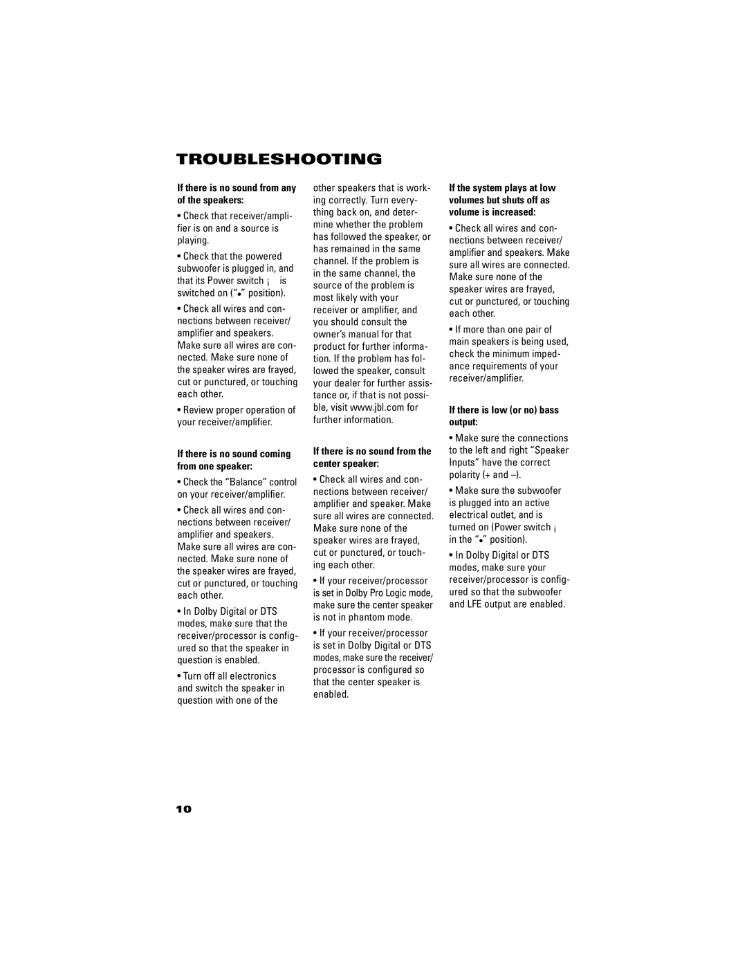 JBL SCS145.5, SCS1455BK manual Troubleshooting, Review proper operation of your receiver/amplifier, Turn off all electronics 