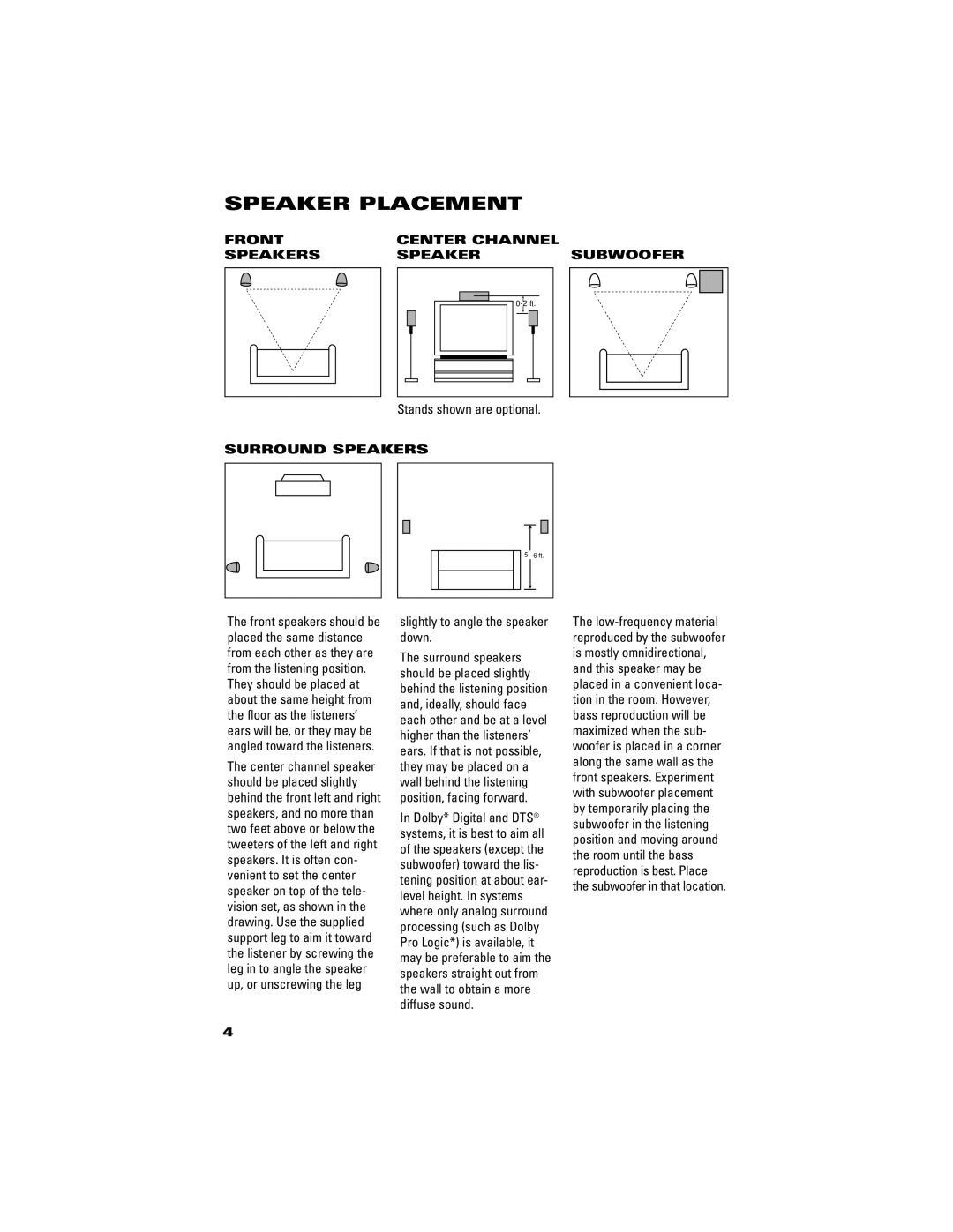 JBL SCS145.5, SCS1455BK manual Speaker Placement, Front Center Channel Speakers, Subwoofer, Surround Speakers 