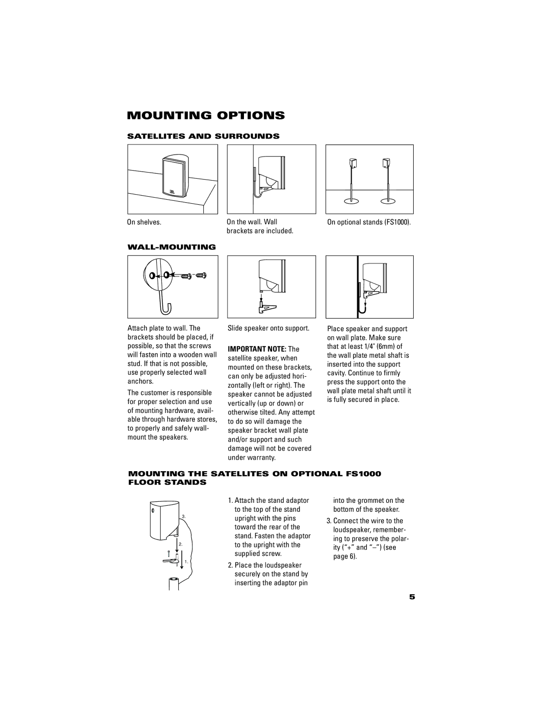 JBL SCS1455BK, SCS145.5 manual Mounting Options, Satellites and Surrounds, Wall-Mounting 