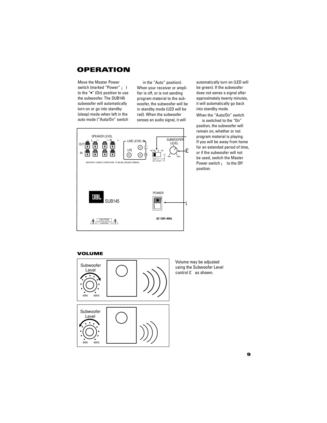 JBL SCS1455BK, SCS145.5 manual Operation, Volume 