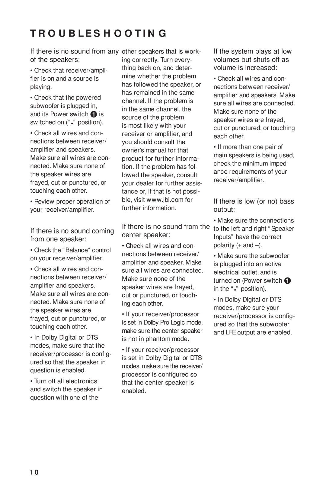 JBL SCS160 manual Troubleshooting, Review proper operation of your receiver/amplifier, Turn off all electronics 