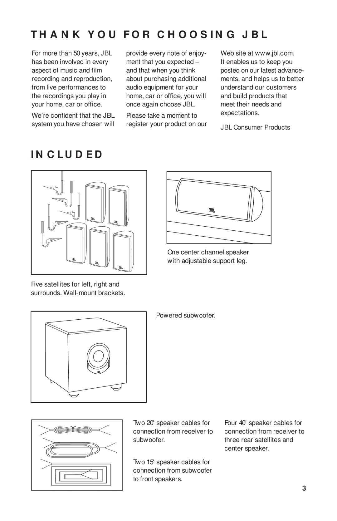 JBL SCS160 manual Thank YOU for Choosing JBL, Included, JBL Consumer Products 