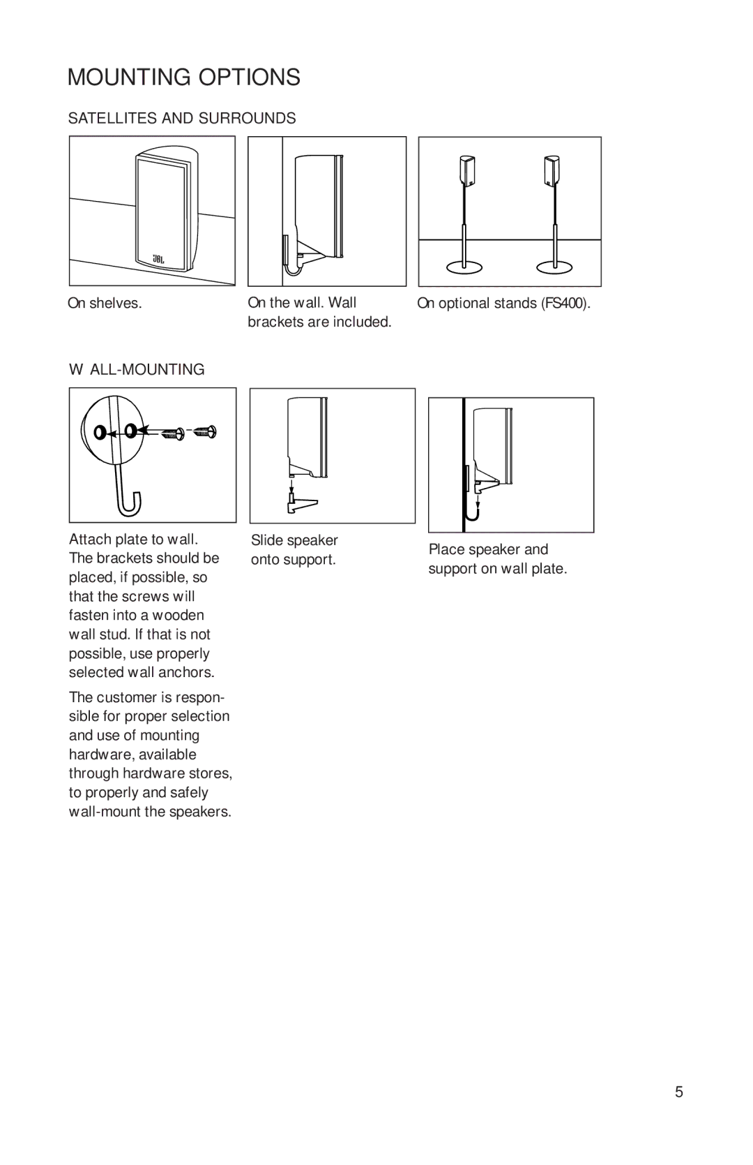 JBL SCS160 Mounting Options, Satellites and Surrounds, Wall-Mounting, Attach plate to wall Slide speaker, Onto support 