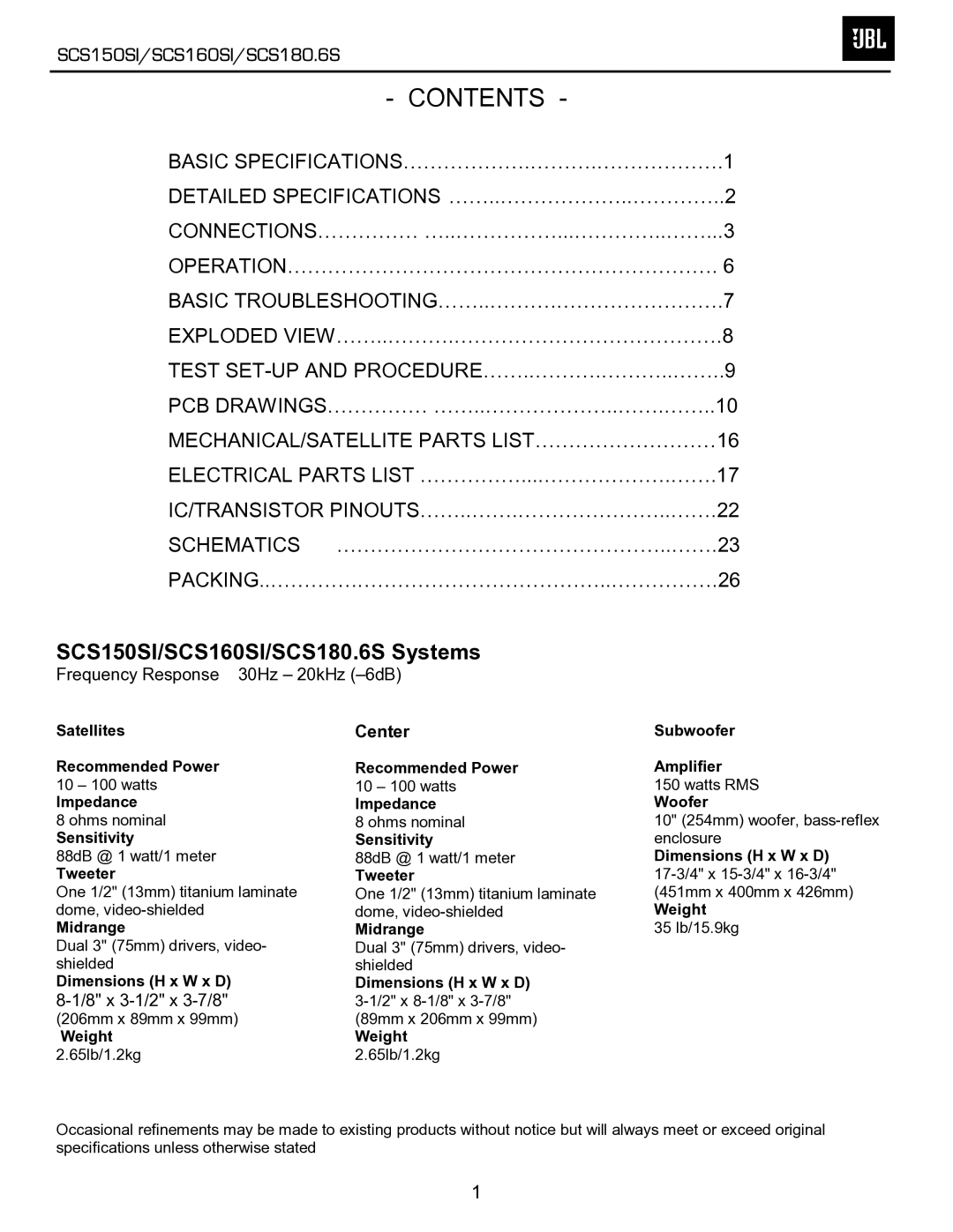 JBL SCS150SI, SCS160SI, SCS180.6S service manual Contents 