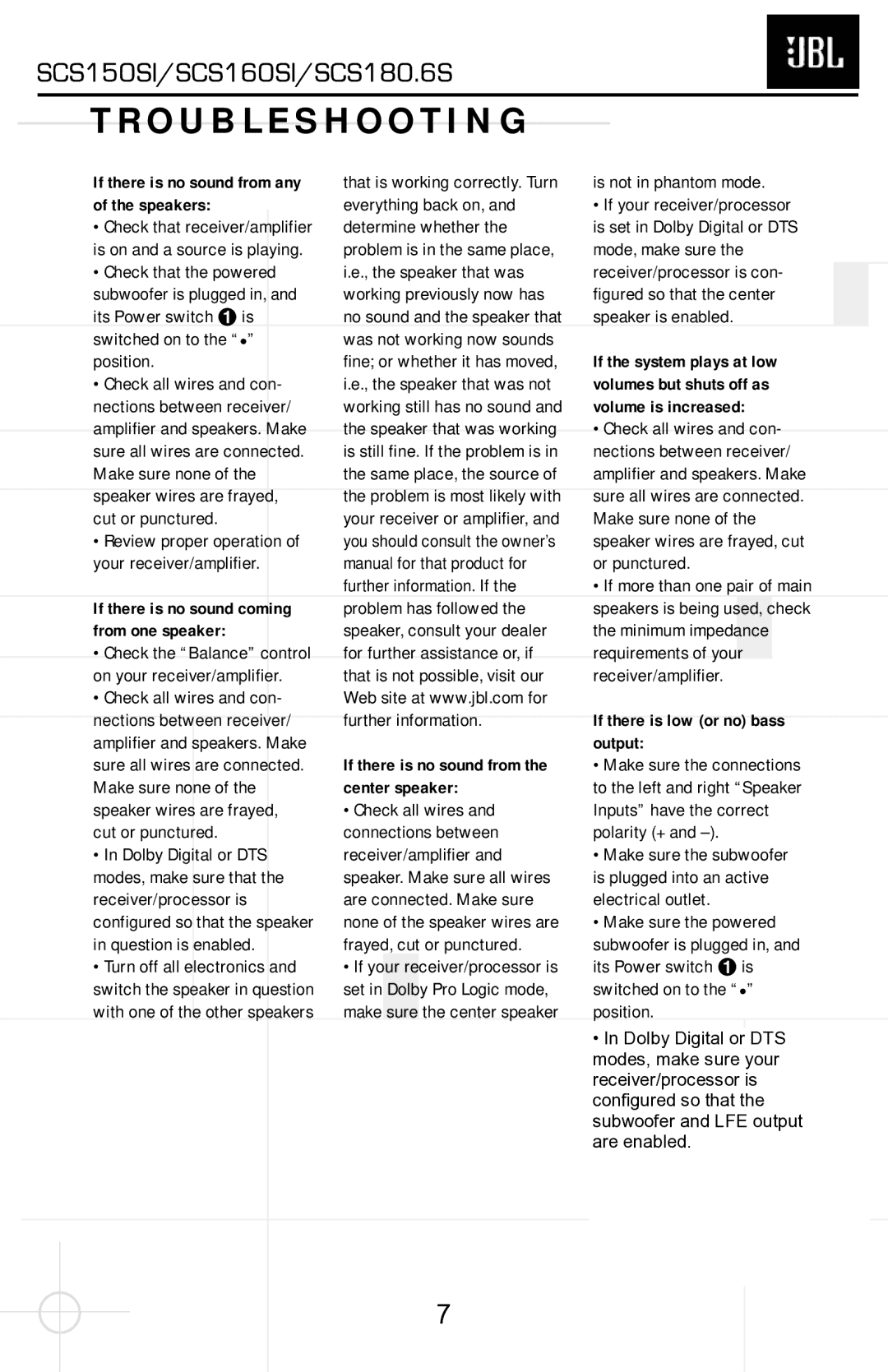 JBL SCS150SI, SCS160SI, SCS180.6S service manual Troubleshooting 