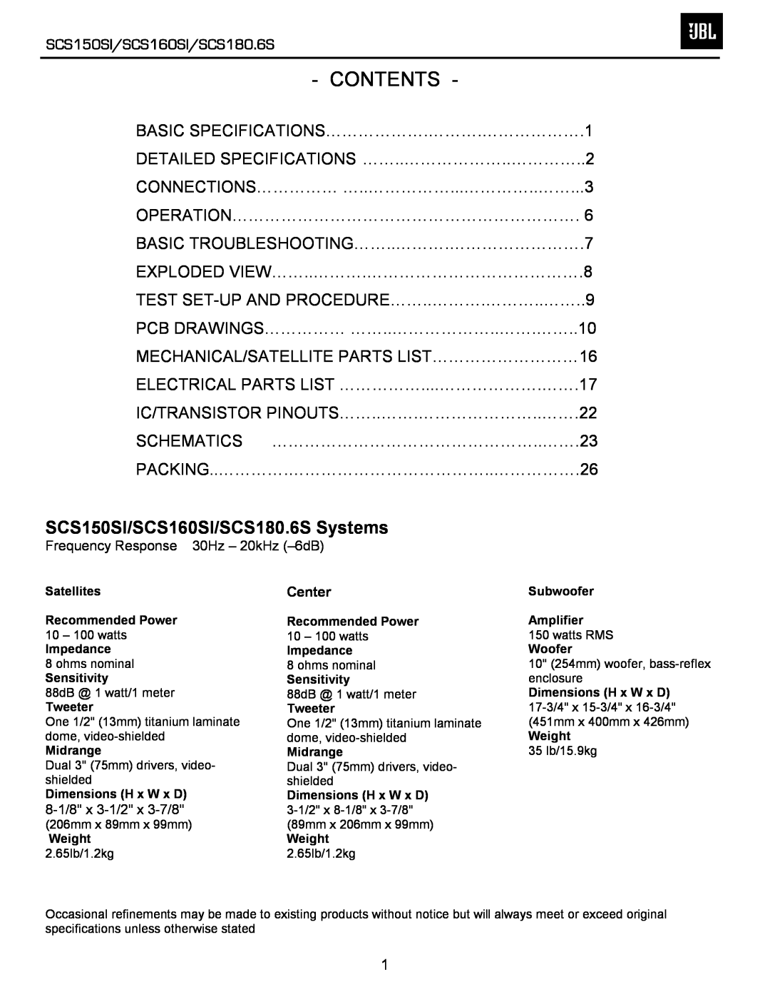 JBL service manual Contents, SCS150SI/SCS160SI/SCS180.6S Systems 