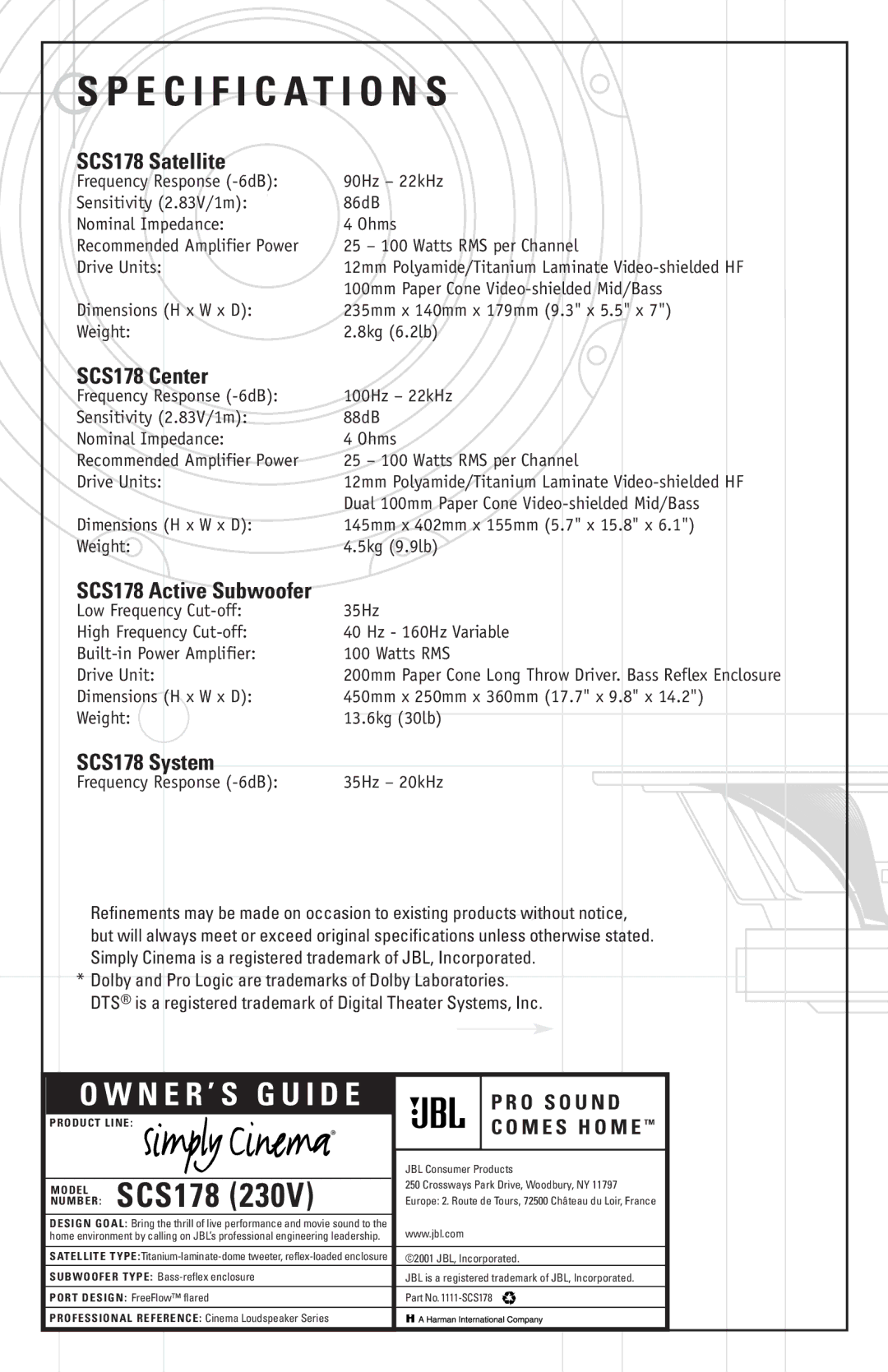 JBL SCS178 manual Specification S 