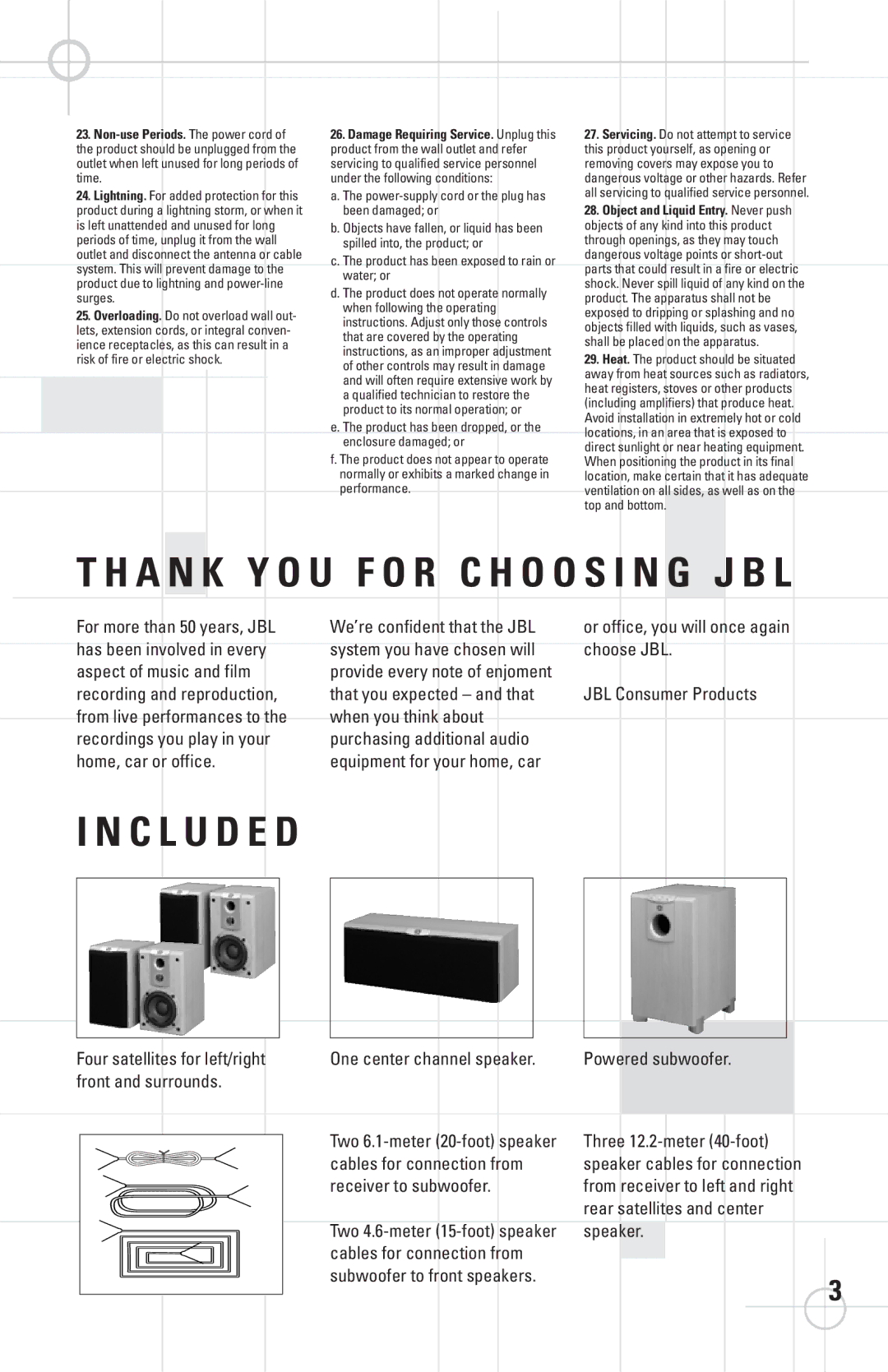 JBL SCS178 manual C L U D E D, Three 12.2-meter 40-foot, Speaker, Cables for connection from Subwoofer to front speakers 