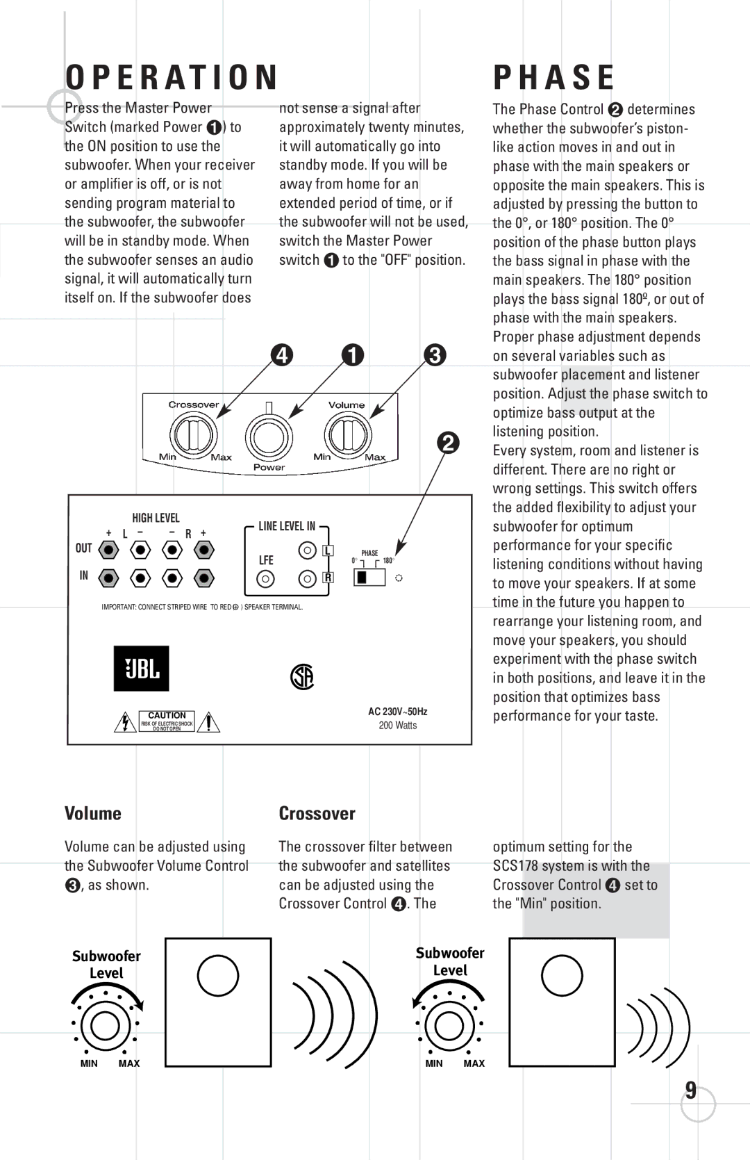 JBL SCS178 manual A S E, Volume Crossover 