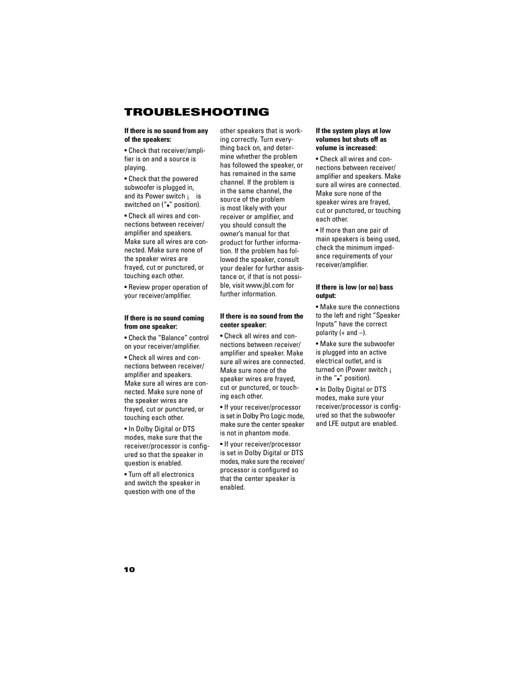 JBL SCS180.6 manual Troubleshooting, Review proper operation of your receiver/amplifier, Turn off all electronics 