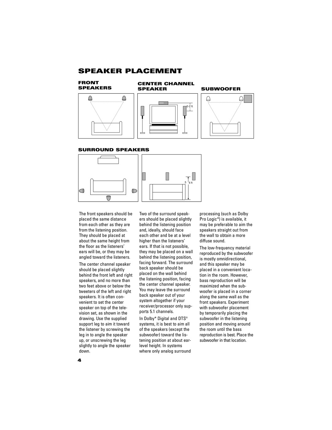 JBL SCS180.6 manual Speaker Placement, Front Center Channel Speakers Subwoofer Surround Speakers 