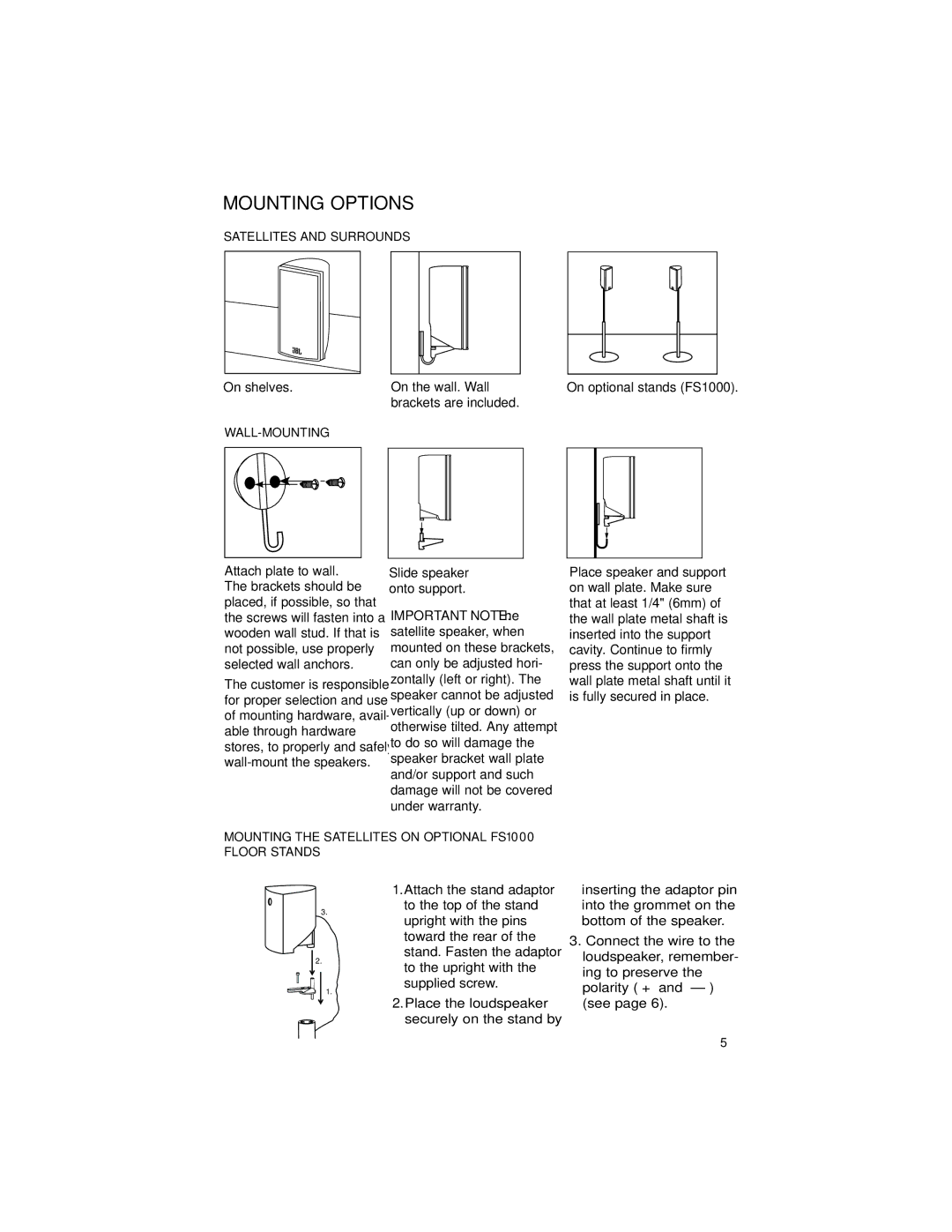 JBL SCS180.6 manual Mounting Options, Satellites and Surrounds, Wall-Mounting 