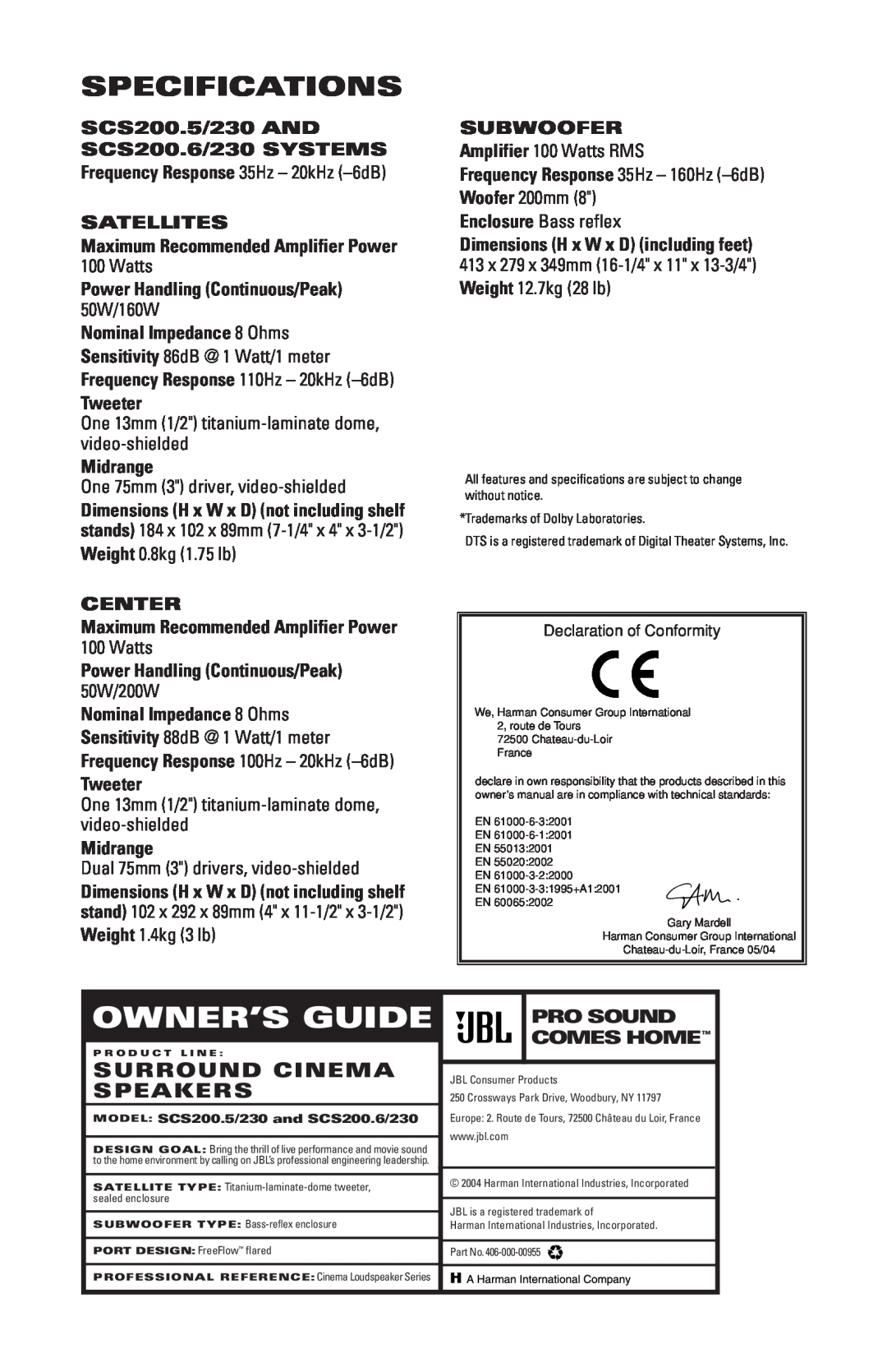JBL SCS200.5/230, SCS200.6/230 manual Specifications, Surround Cinema Speakers, Owner’S Guide 