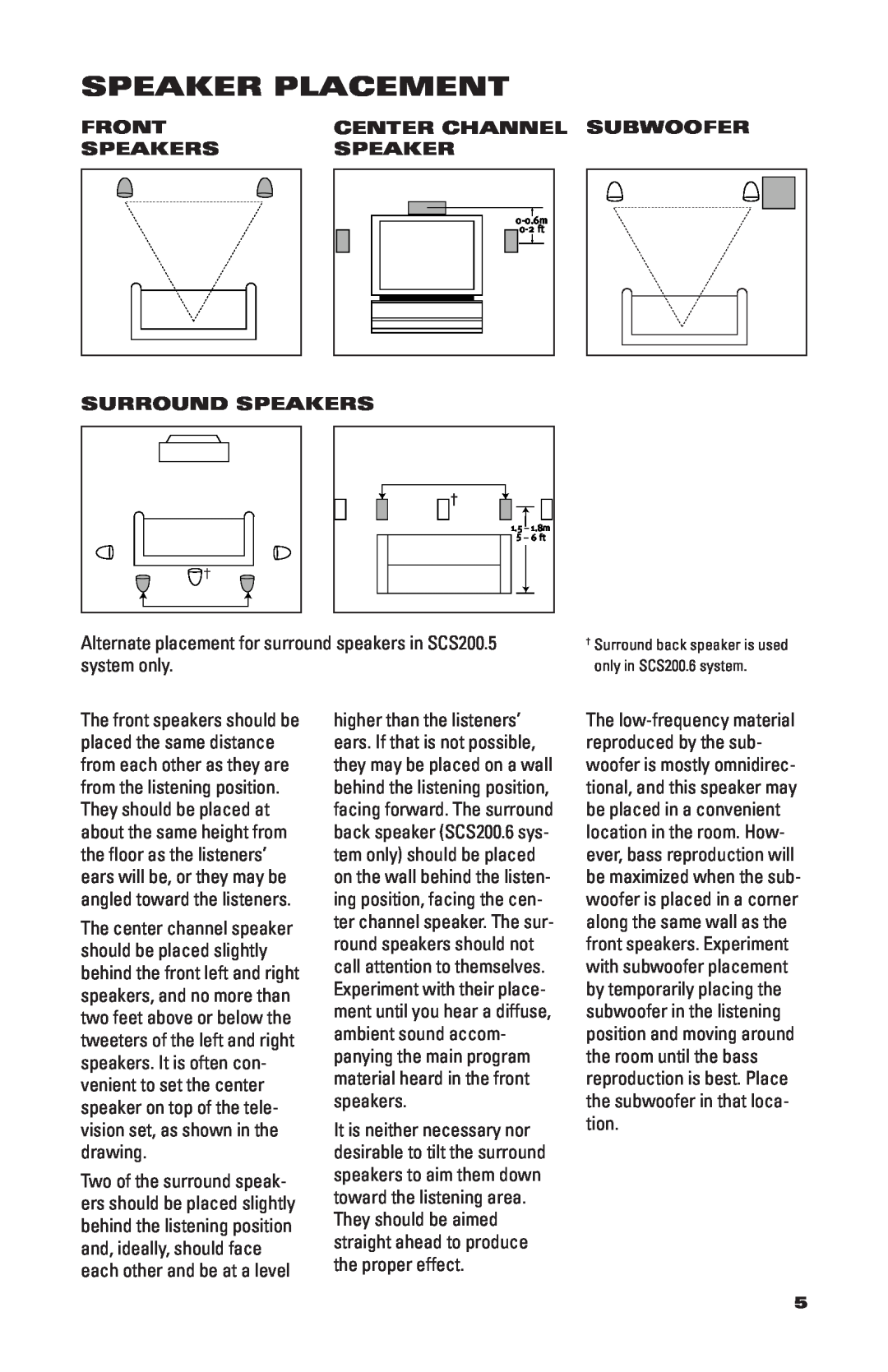 JBL SCS200.6/230, SCS200.5/230 manual Speaker Placement, Front, Center Channel Subwoofer, Surround Speakers 