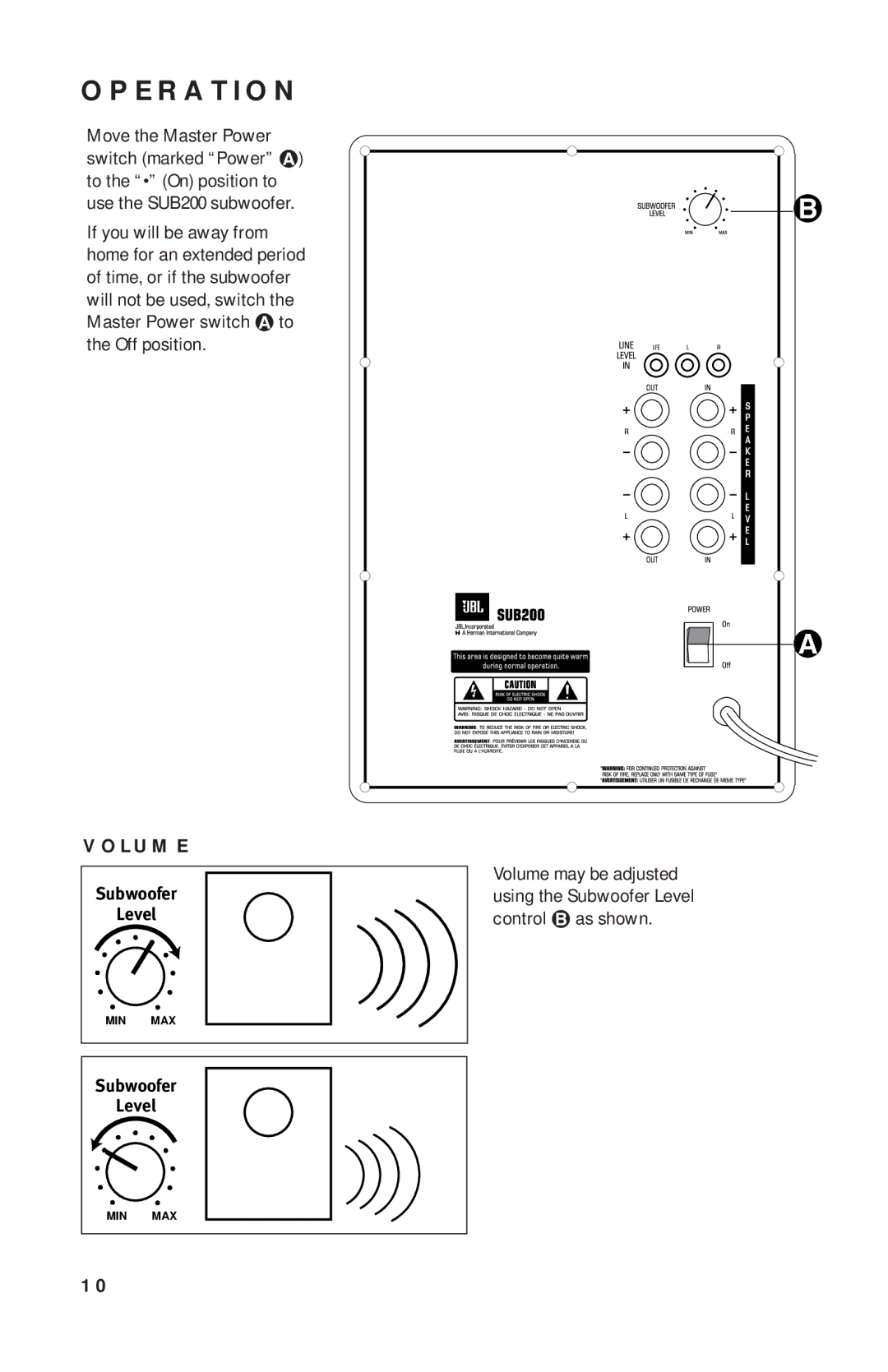 JBL SCS200.7 manual Operation, Volume 