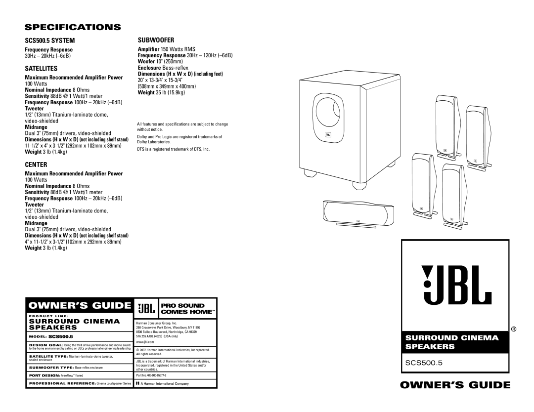 JBL SCS500.5 specifications Specifications, PRO Sound, Comes Home 