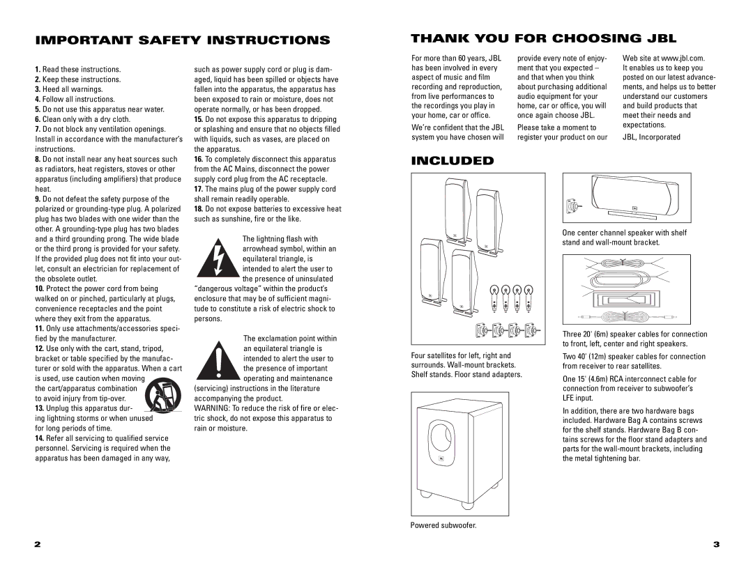 JBL SCS500.5 specifications Important Safety Instructions Thank YOU for Choosing JBL, Included 