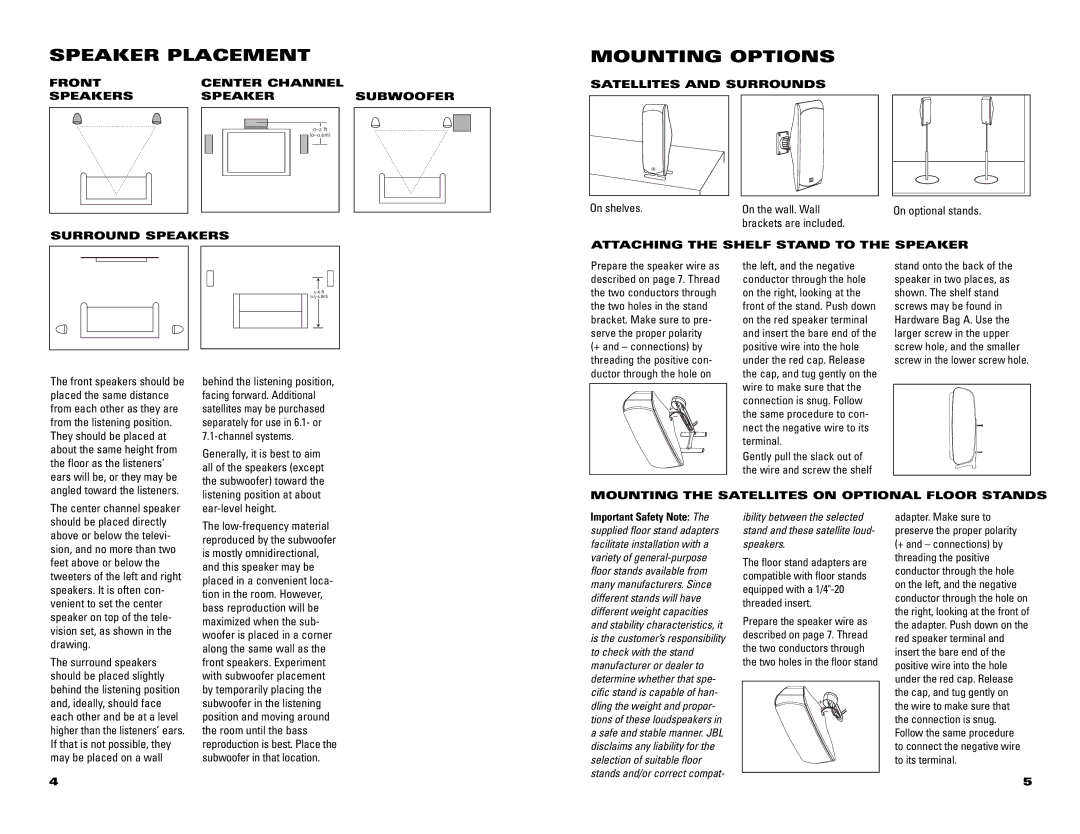 JBL SCS500.5 specifications Speaker Placement, Mounting Options 