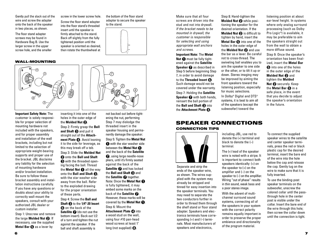 JBL SCS500.5 specifications Speaker Connections, Wall-Mounting, Connection Tips, Screw in the lower screw hole 