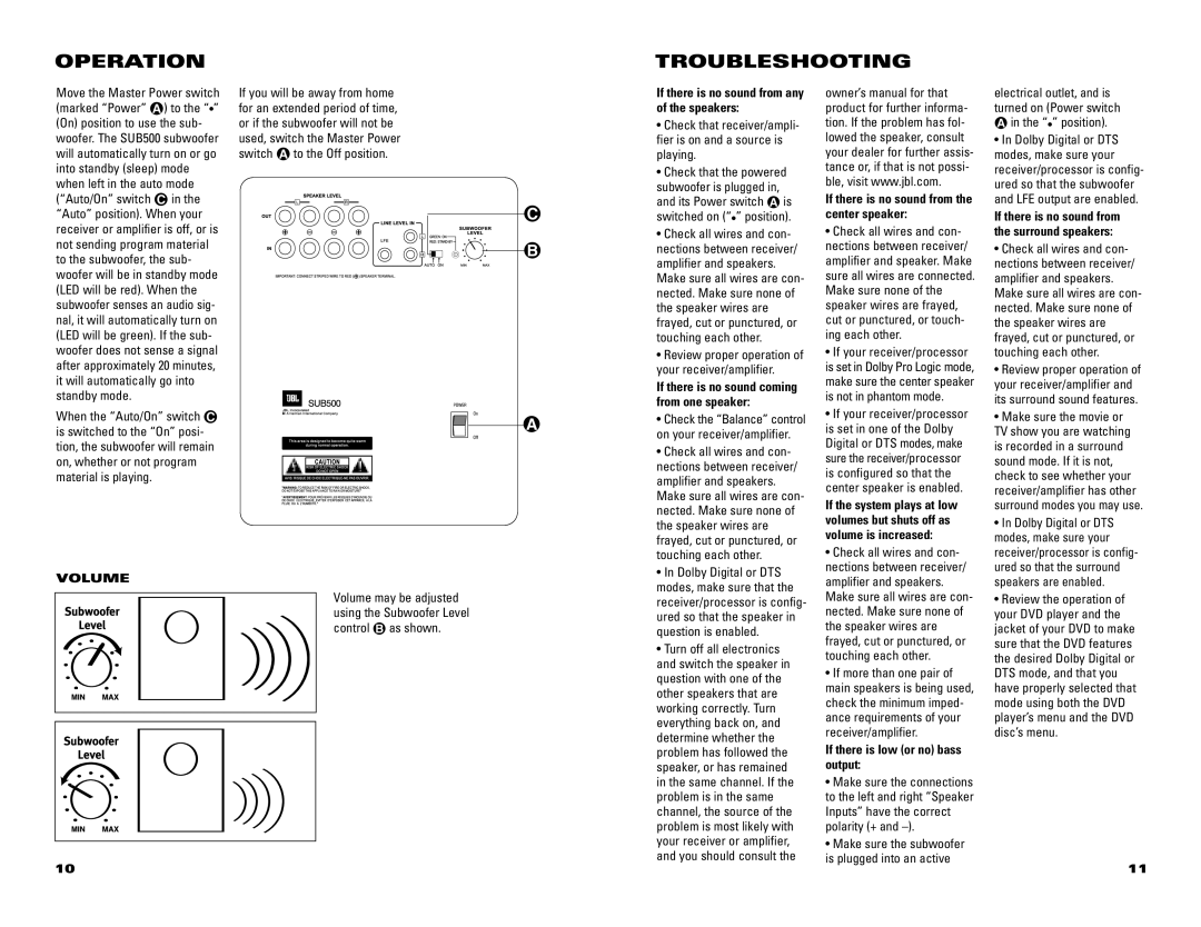 JBL SCS500.5 specifications Operation Troubleshooting, Volume, If there is low or no bass output 