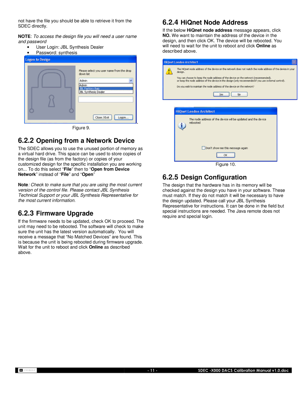 JBL SDEC-4000, SDEC-3000 manual Opening from a Network Device, Firmware Upgrade, HiQnet Node Address, Design Configuration 