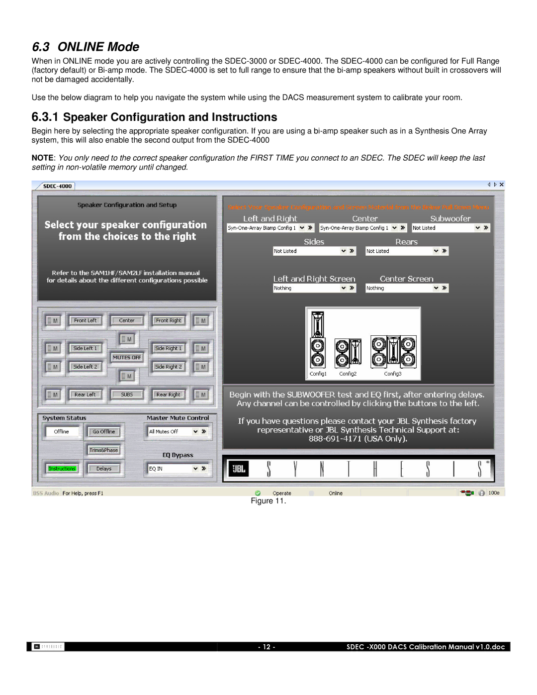 JBL SDEC-3000, SDEC-4000 manual Online Mode, Speaker Configuration and Instructions 