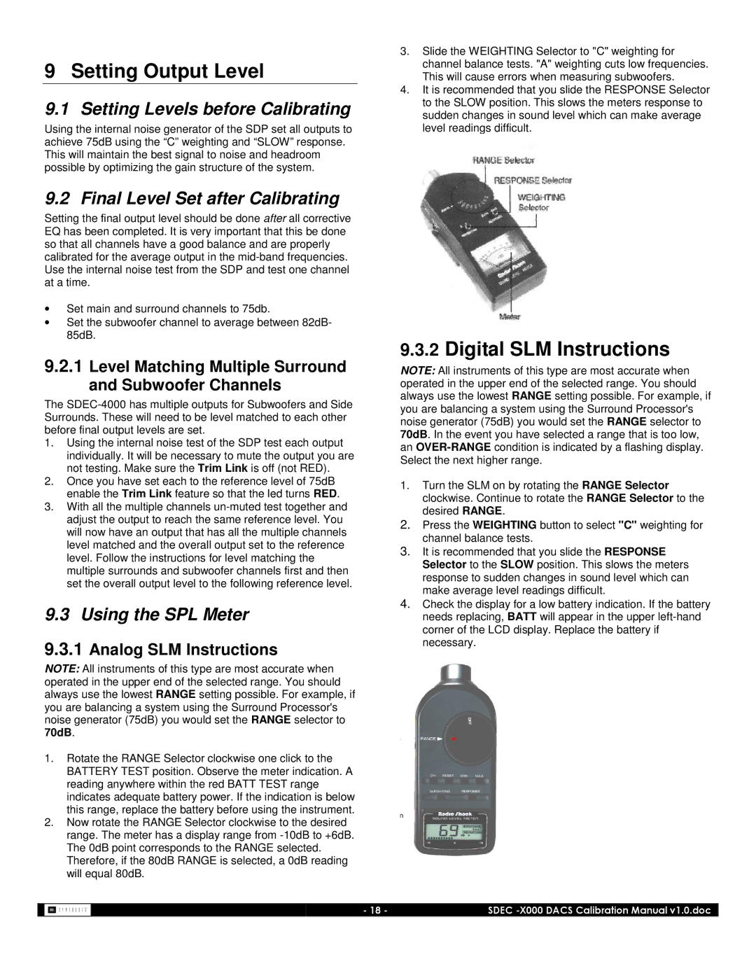 JBL SDEC-3000 manual Setting Output Level, Digital SLM Instructions, Setting Levels before Calibrating, Using the SPL Meter 