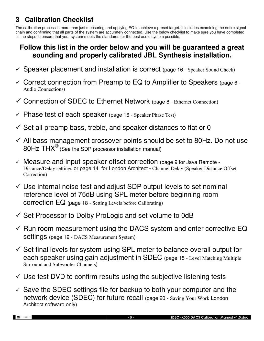 JBL SDEC-4000, SDEC-3000 manual Calibration Checklist 