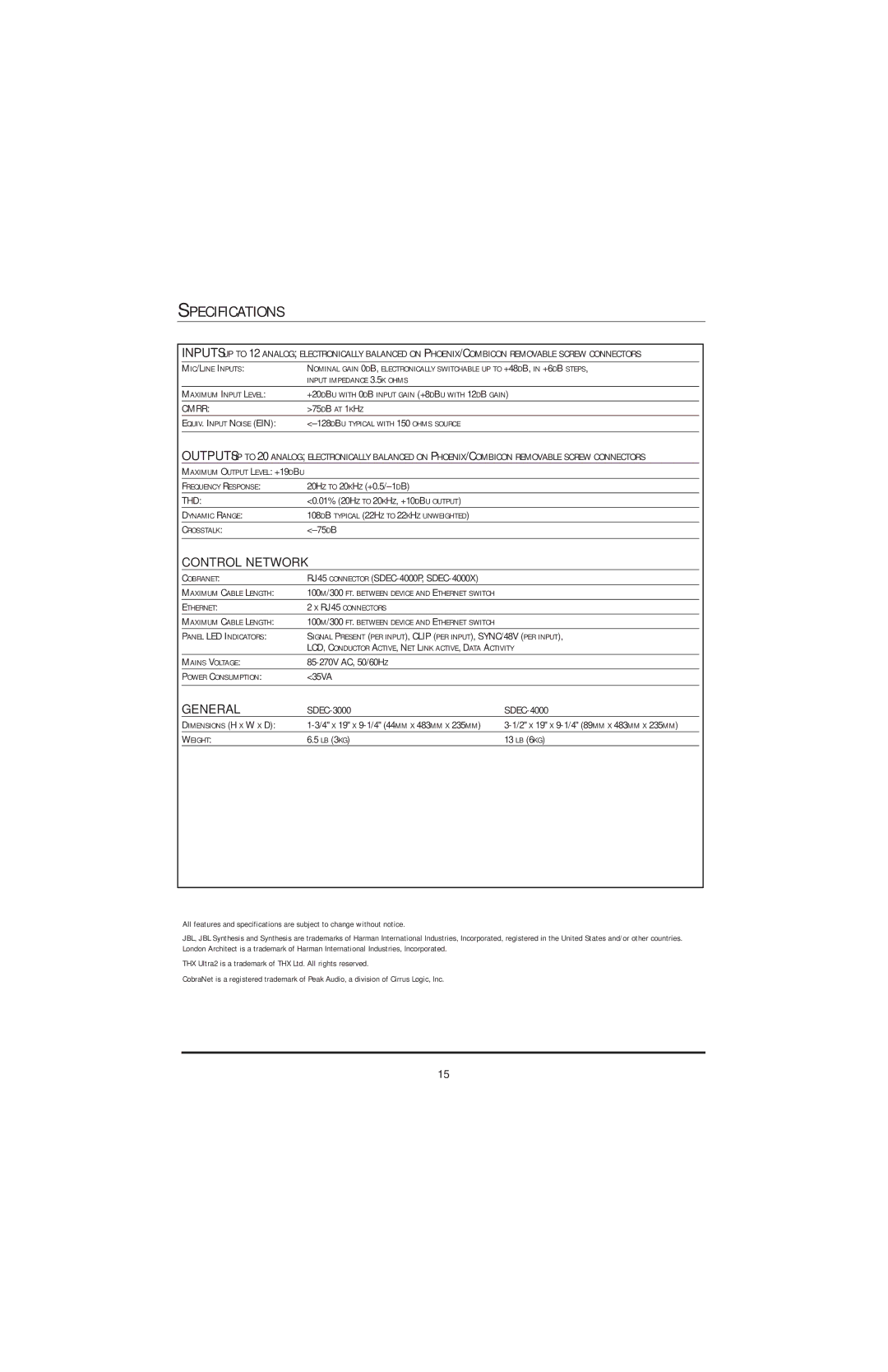 JBL SDEC-4000 manual Specifications, Cmrr 