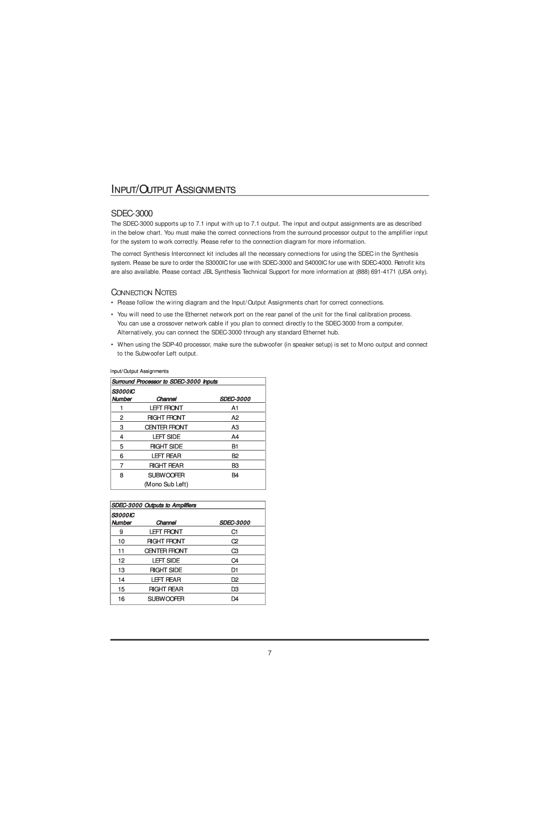 JBL SDEC-4000 manual SDEC-3000, Input/Output Assignments 