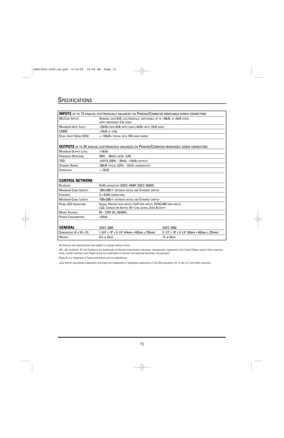 JBL SDEC-4500X, SDEC-4500P manual Specifications, Cmrr 