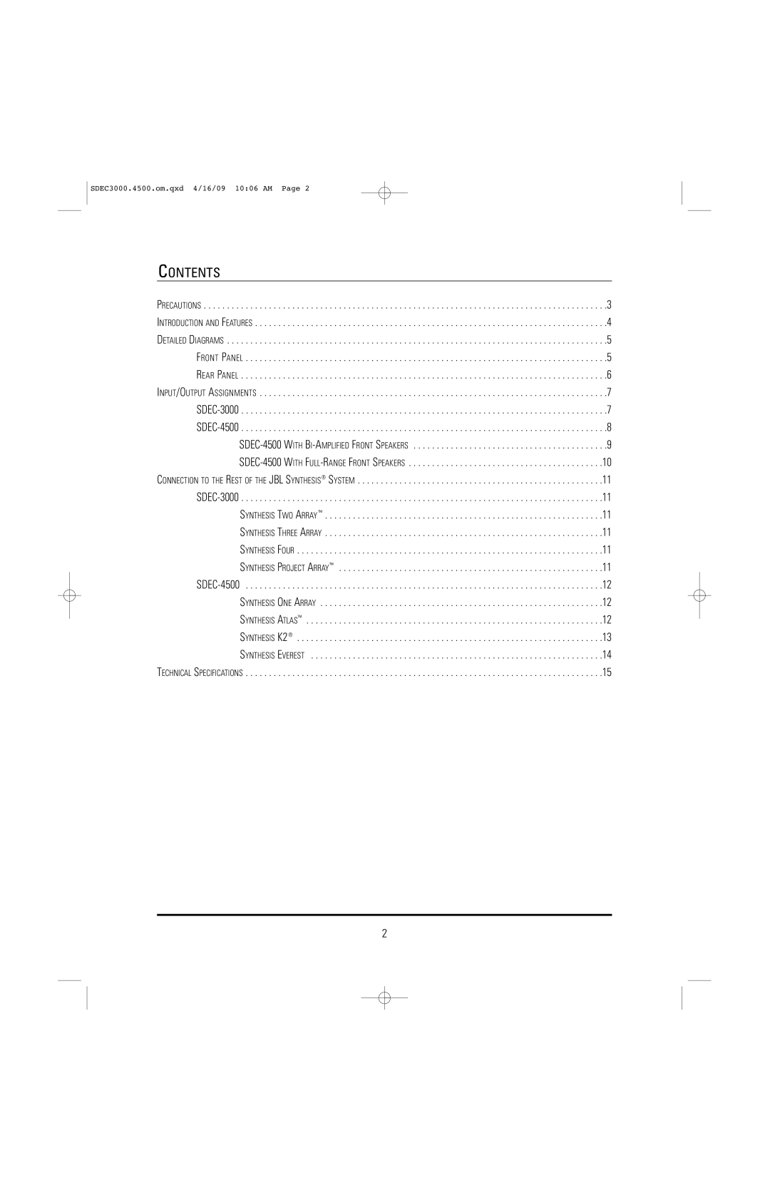 JBL SDEC-4500P, SDEC-4500X manual Contents 