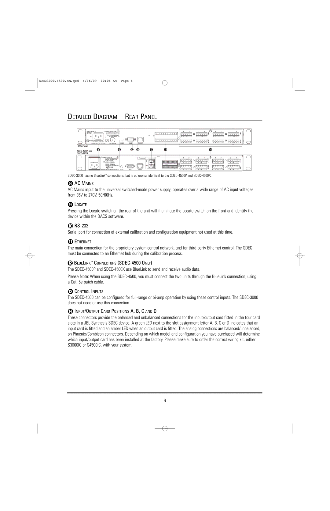 JBL SDEC-4500X, SDEC-4500P manual Detailed Diagram Rear Panel, AC Mains 