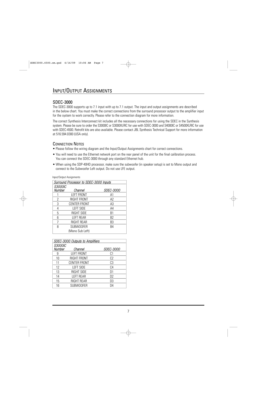 JBL SDEC-4500X, SDEC-4500P manual SDEC-3000, INPUT/OUTPUT Assignments 