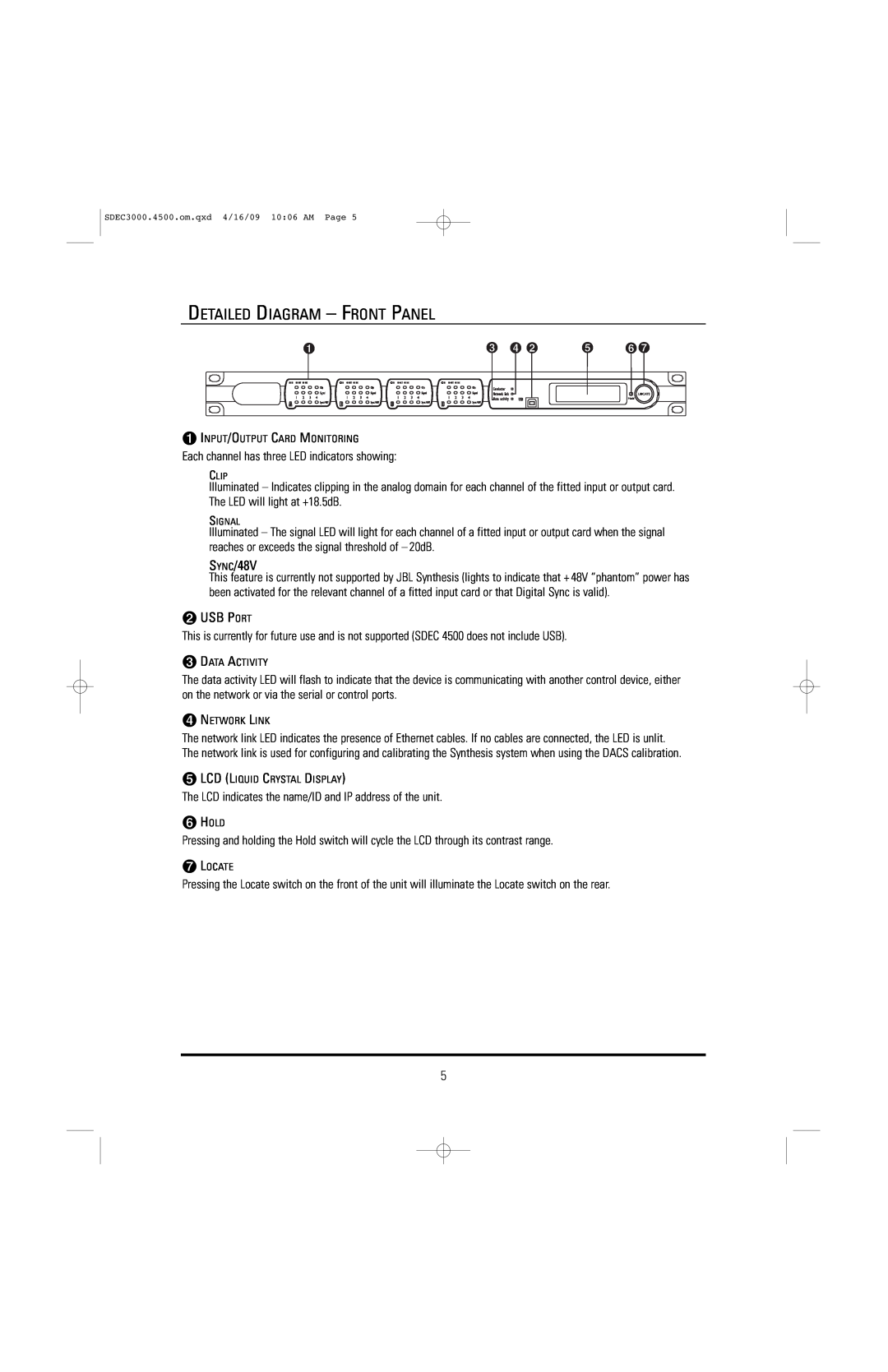 JBL SDEC-4500P, SDEC-4500X manual Detailed Diagram - Front Panel, SYNC/48V, Usb Port 