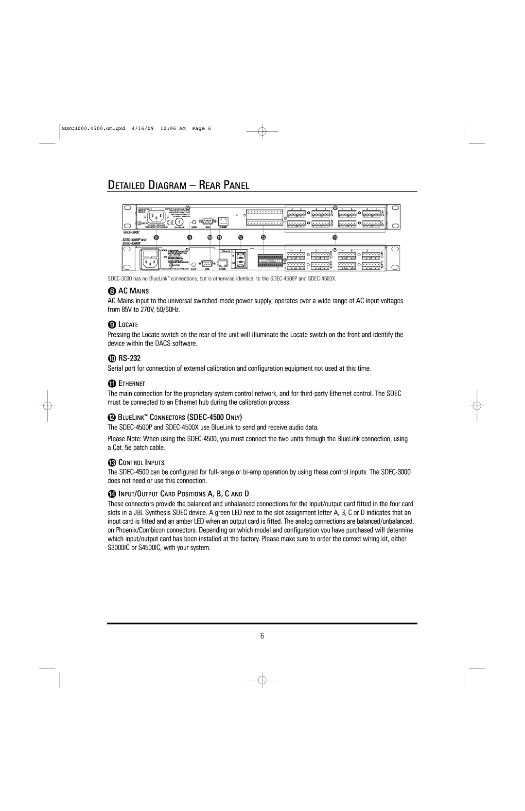 JBL SDEC-4500X, SDEC-4500P manual Detailed Diagram - Rear Panel, Ac Mains, RS-232 