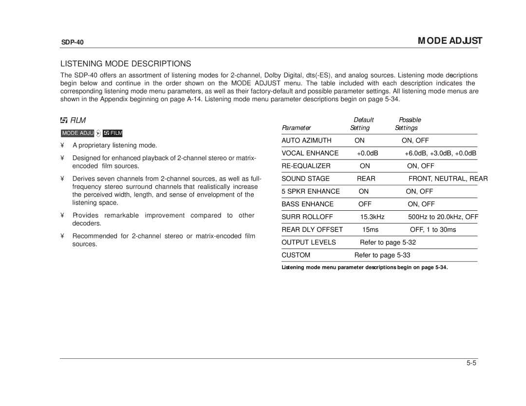 JBL SDP-40 manual Listening Mode Descriptions, Film 