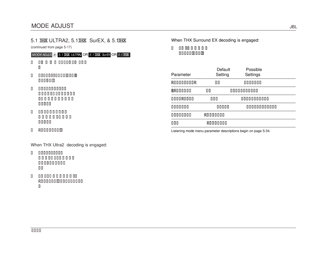 JBL SDP-40 manual ULTRA2, 5.1 SurEX, When THX Ultra2 decoding is engaged, When THX Surround EX decoding is engaged 